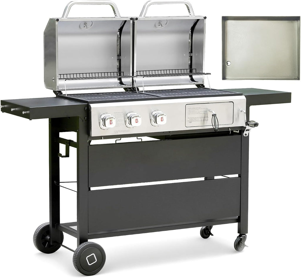 Flintex Gas and Charcoal Grill Combo with Griddle, Propane Grill Griddle Combo with Dual Fuel BBQ System, 720 sq.in. Cooking Area, Porcelain-Enameled Cast Iron Grates and Pan
