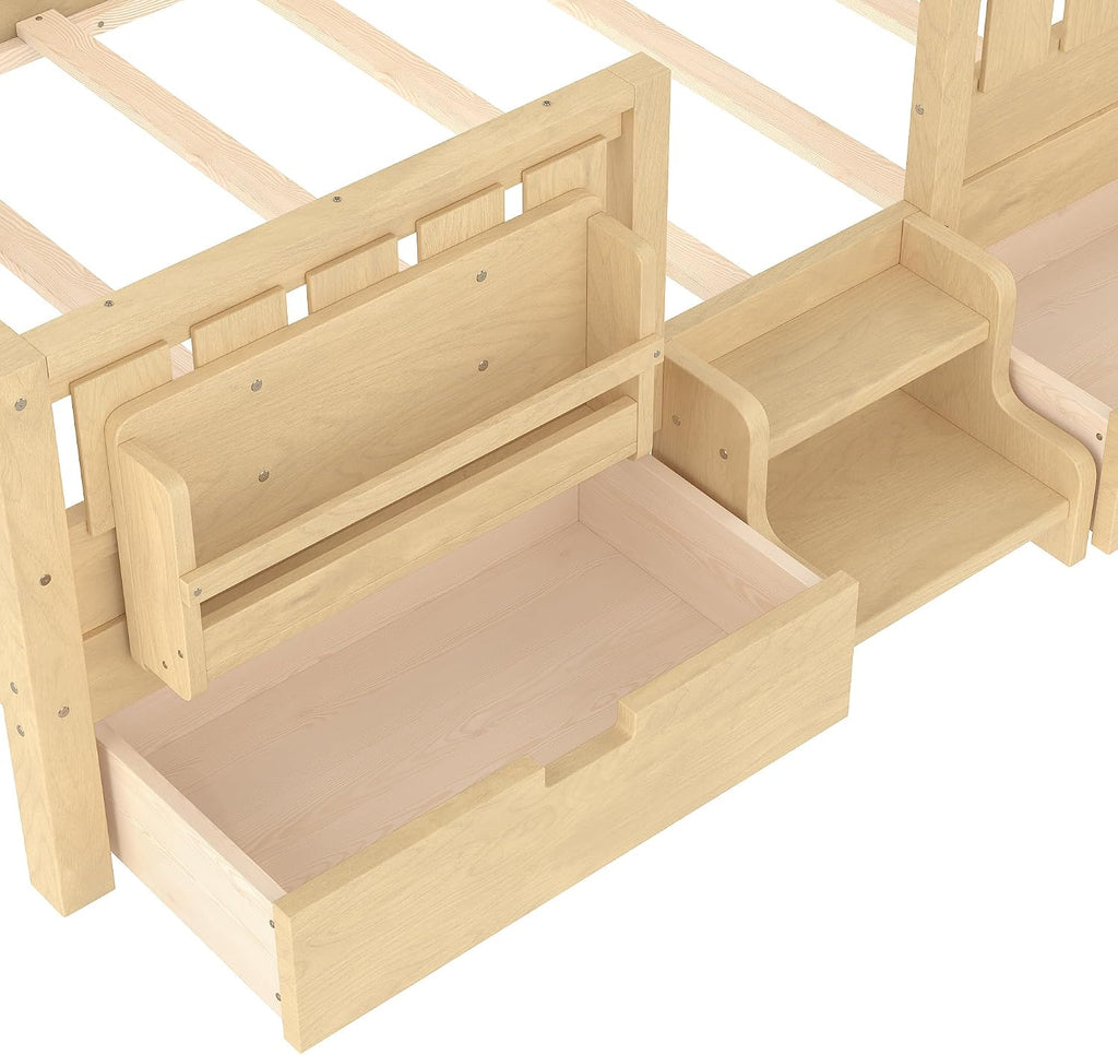 Bellemave Twin Floor Bed with Stairs, Rails and Slats, Twin Size Montessori Floor Bed with Bookshelf and 2 Storage Drawers, Easy Assemble Montessori Beds Frame for Girls, Boys, Light Natural