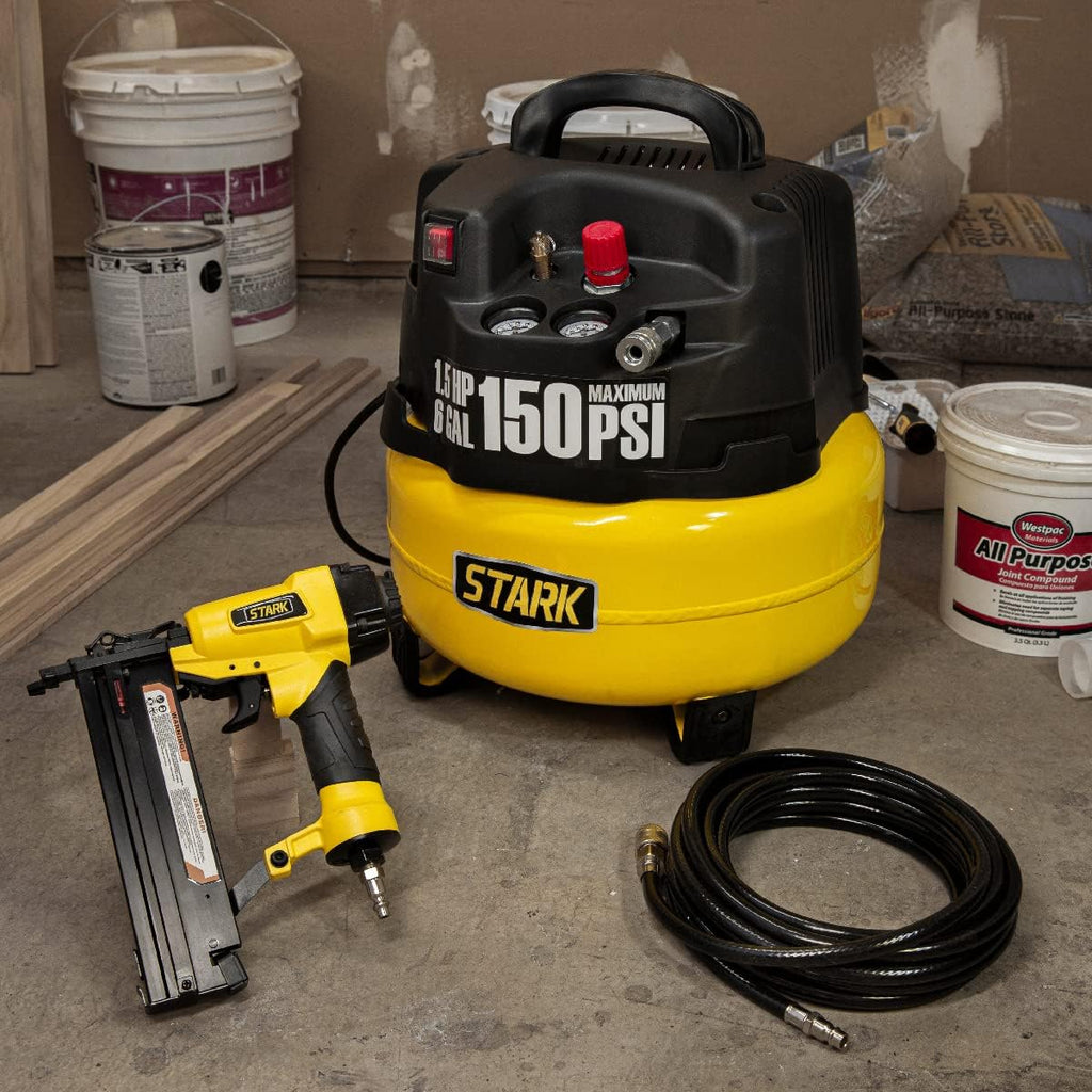 Stark USA 6 Gallon Pancake with 18 Gauge Brad Nailer Set Electric Oil-Less Air Compressor, 150 PSI Combo Set