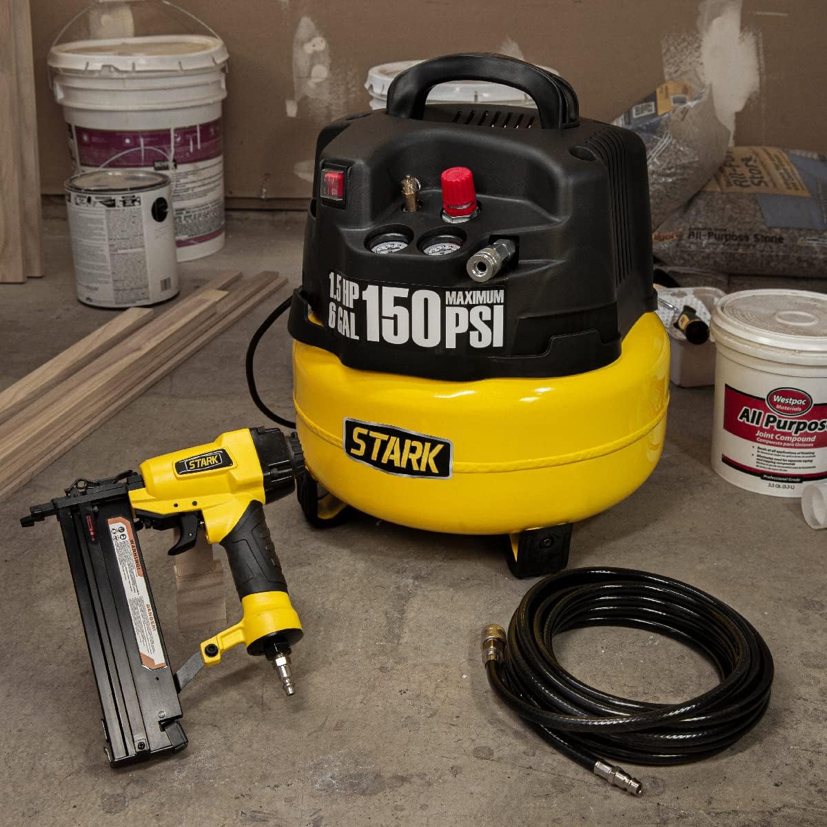 Stark USA Air Compressor Kit, Oil-Free 6 Gallon, 150 SPI with 18 Gauge Brad Nailer