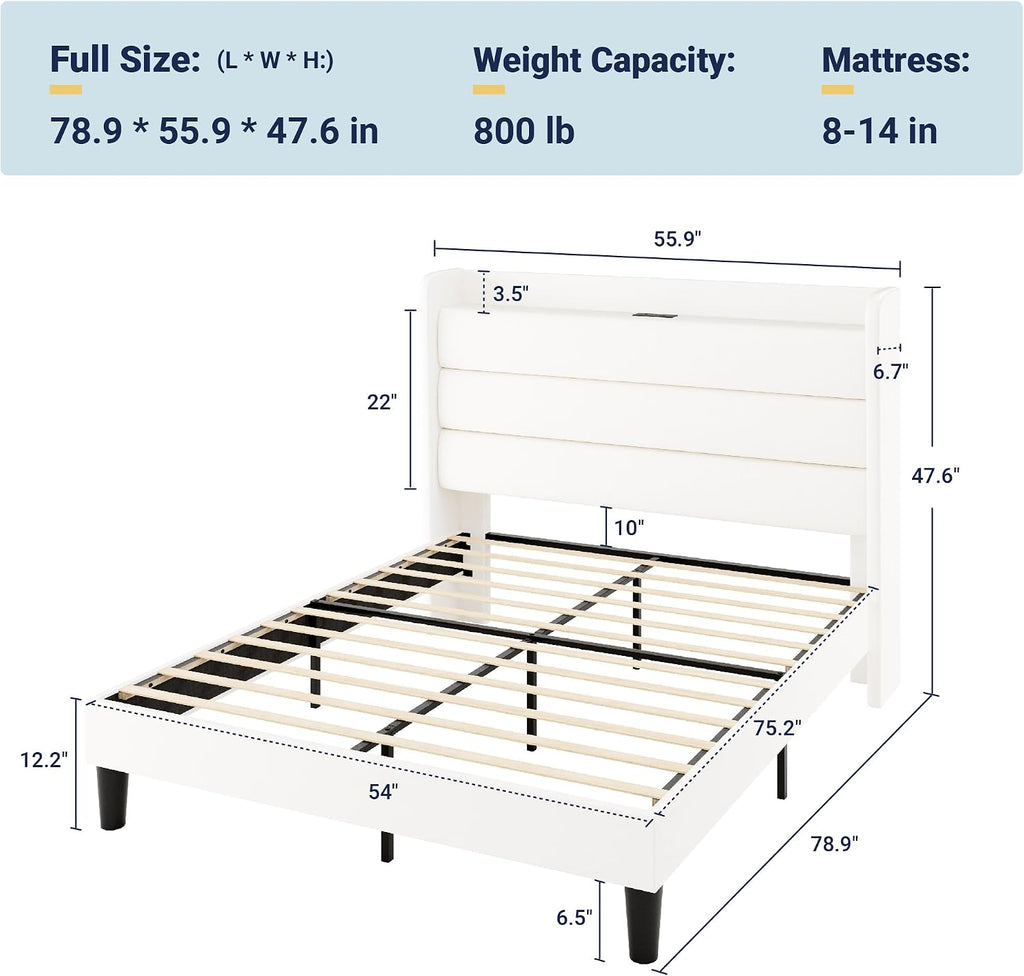 Allewie Full Size Upholstered Bed Frame with Charging Station & Storage Headboard, Soft Velvet Wingback Platform Bed, Strong Wooden Slats Support, No Box Spring Needed, Easy Assembly, White
