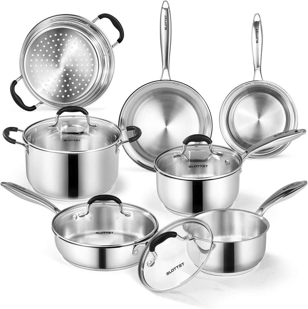 SLOTTET Stainless Steel Kitchen Cookware Set,11 Piece Pots and Pans Set with Steamer,Heat-resistant Handle,Non-Toxic,Induction,Oven,Dishwasher Safe