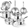 SLOTTET Stainless Steel Kitchen Cookware Set,11 Piece Pots and Pans Set with Steamer,Heat-resistant Handle,Non-Toxic,Induction,Oven,Dishwasher Safe