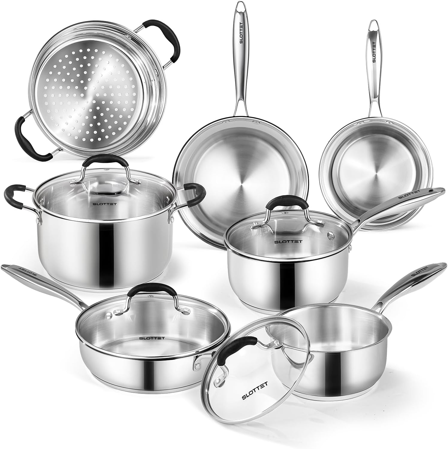 SLOTTET Stainless Steel Kitchen Cookware Set,11 Piece Pots and Pans Set with Steamer,Heat-resistant Handle,Non-Toxic,Induction,Oven,Dishwasher Safe