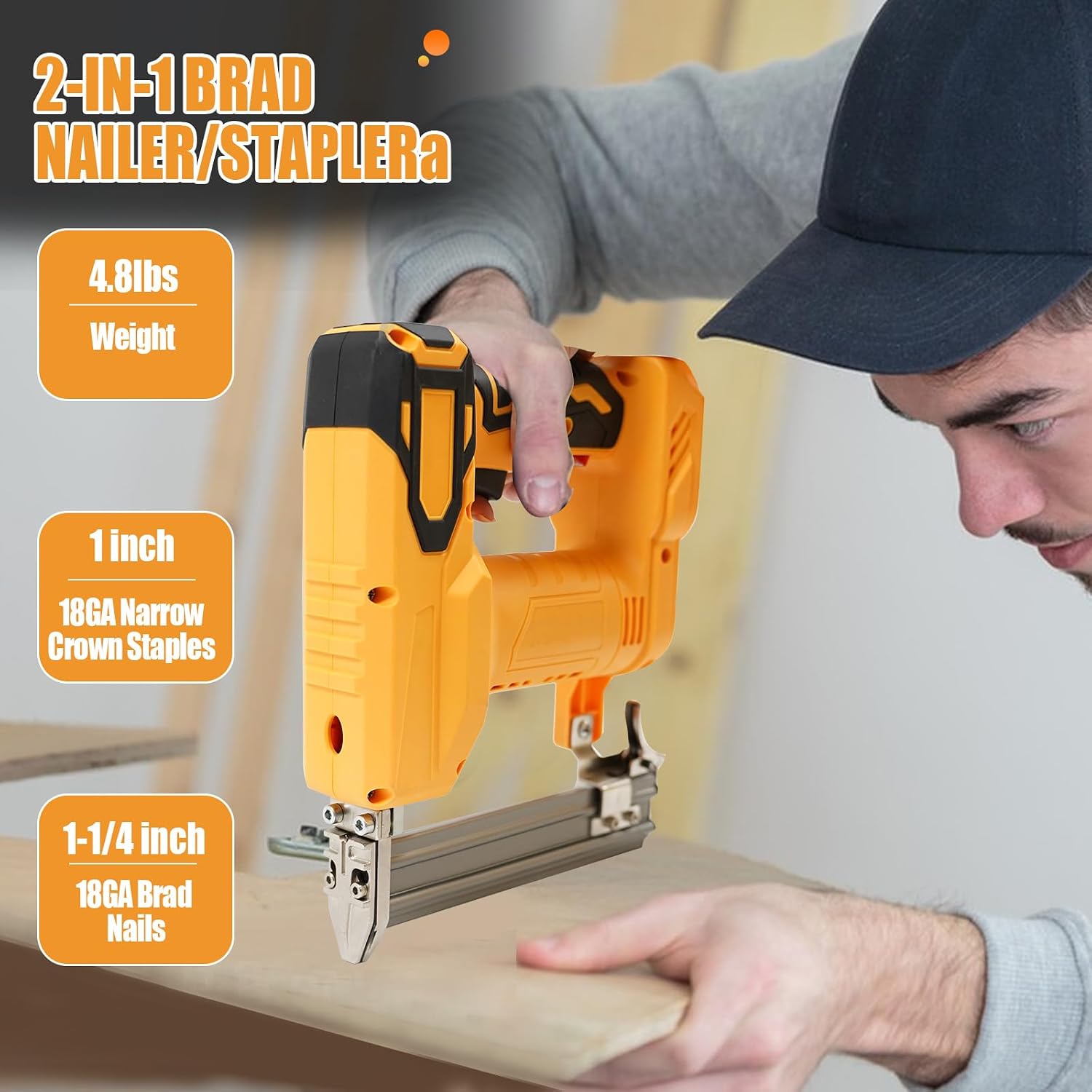 Cordless Brad Nailer Kit for DeWalt Batteries (No Battery), 2-in-1 Electric Brad Nailer/Stapler Gun with Safety Mechanism,Includes 1000 Straight Nails, 500 U Nails,Glasses for Wood Carpentry(Classic)