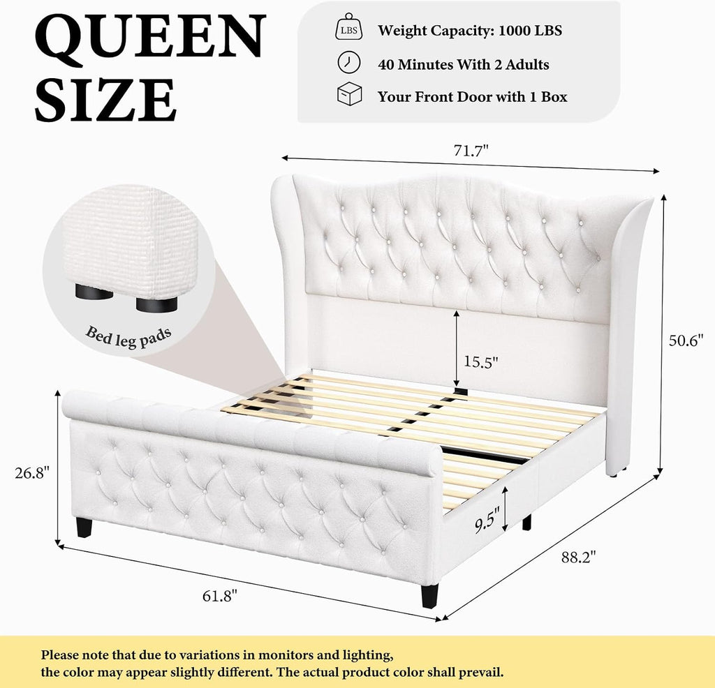 koorlian Queen Bed Frame,Chenille Upholstered Sleigh Bed with Scroll Wingback Headboard & Footboard,Luxury & Soft Button Tufted Queen Size Modern Bed,Easy Assembly,No Box Spring Needed