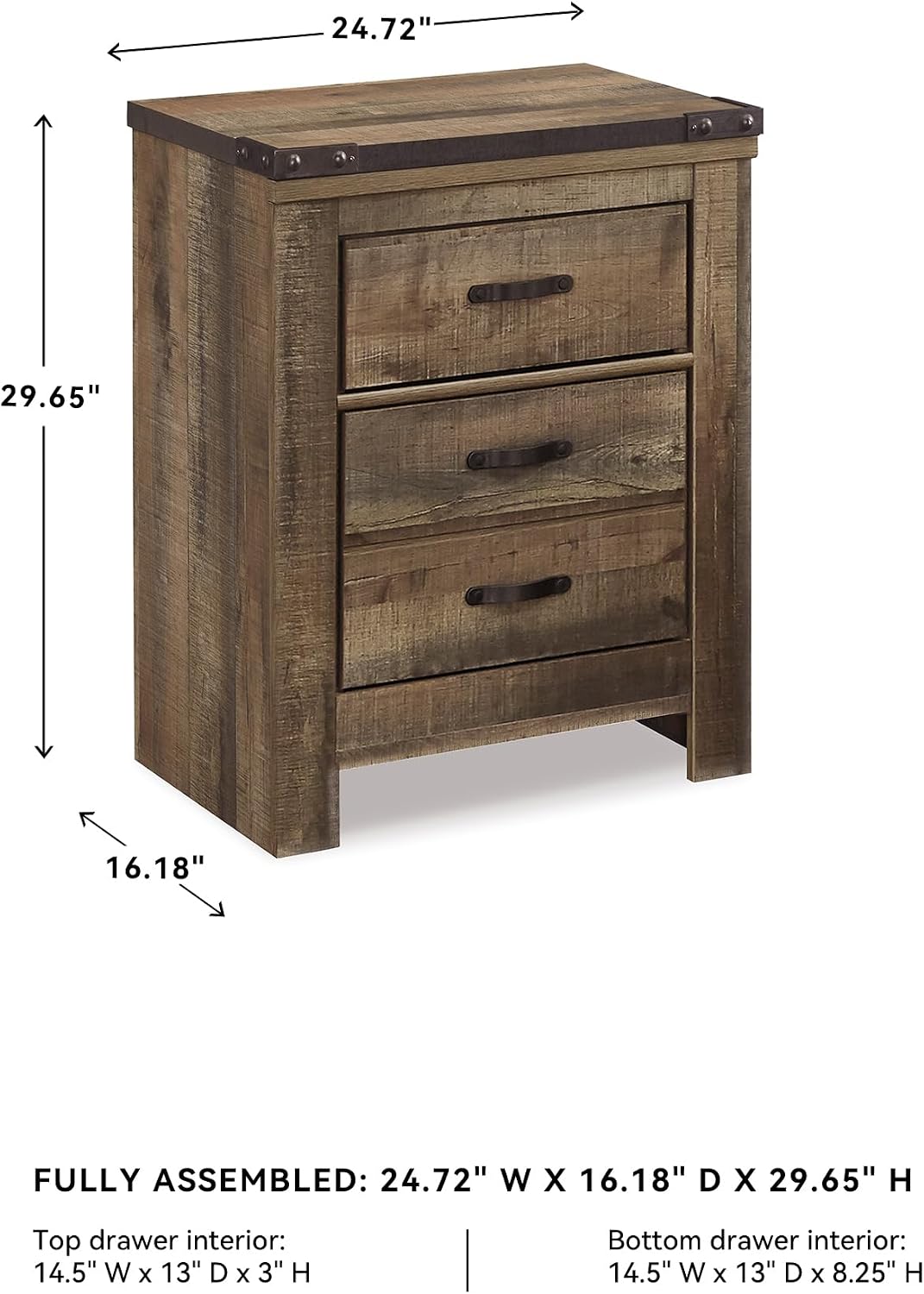 Signature Design by Ashley Trinell Rustic 2 Drawer Nightstand with USB Charging Stations, 29.65' Tall, Warm Brown