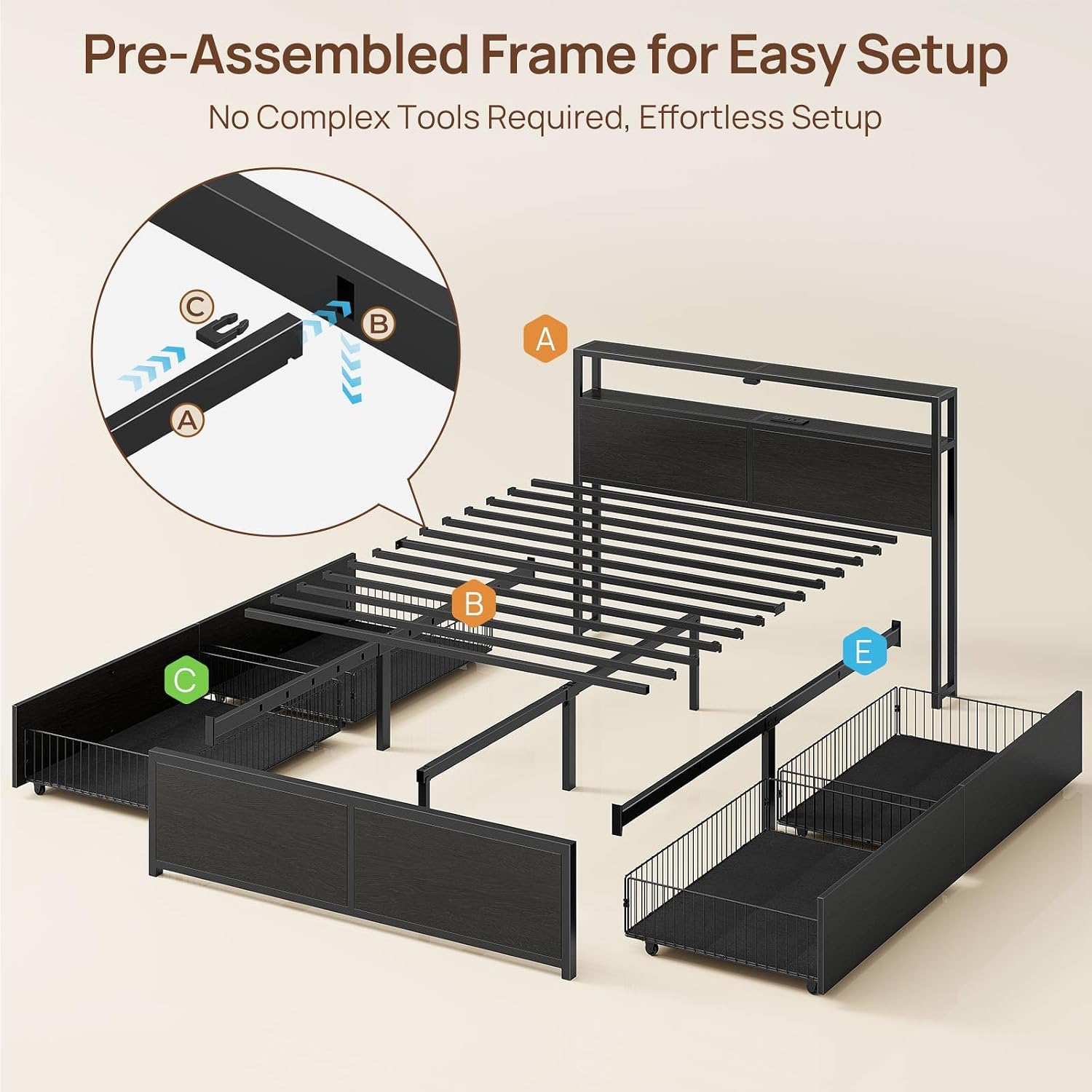 Rolanstar Full Size Bed Frame with 4 Storage Drawers & 2-Tier Storage Headboard, Metal Platform Bed Frame with Charging Station & LED Lights, Noise-Free, No Box Spring Needed, Easy Assembly, Black Oak