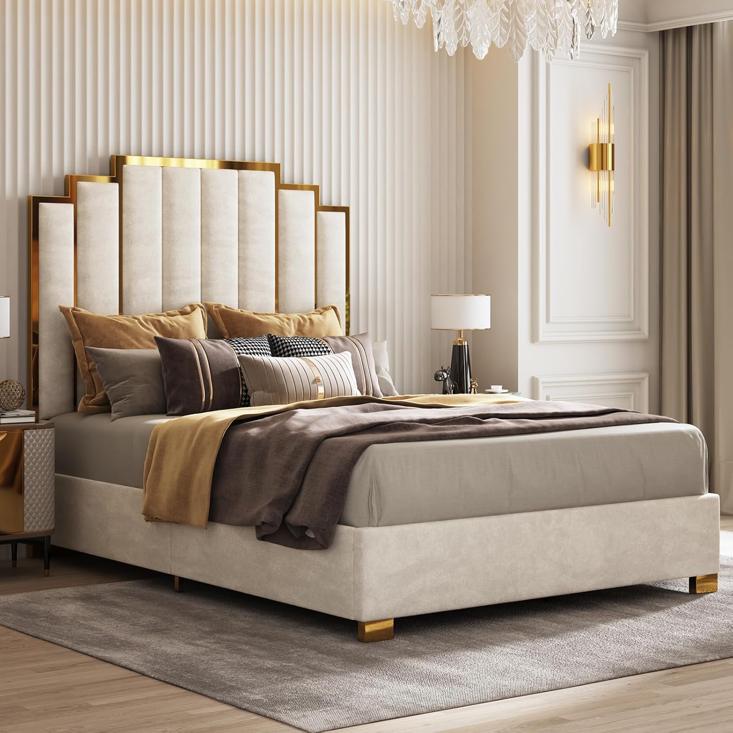 AMERLIFE Queen Size Upholstered Bed, Modern Velvet Bed Frame with 61.4' Tall Gold Trim Headboard, No Box Spring Needed, Cream