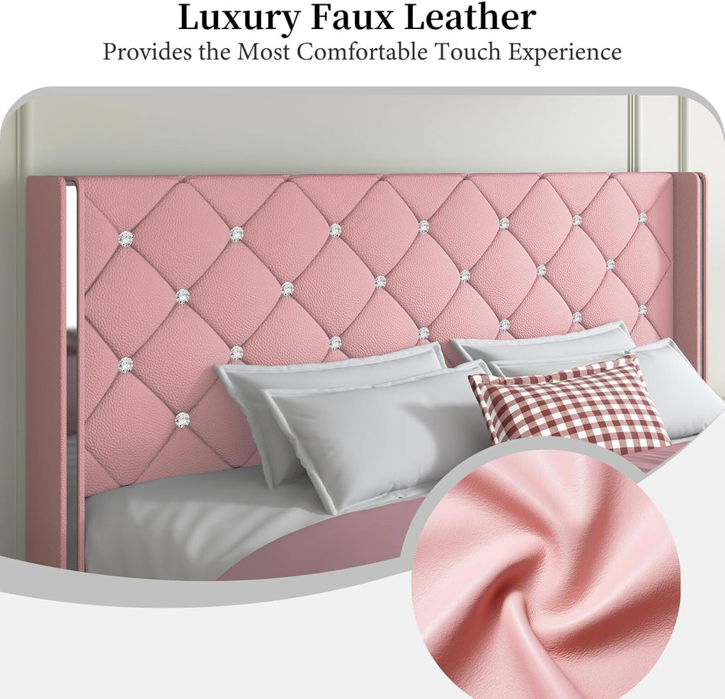 Lullabyre Full Size Bed Frame, Upholstered Bed Frame with Diamond Tufted Headboard, Modern Silverside Wingback, No Box Spring Needed, Easy Assembly, Pink