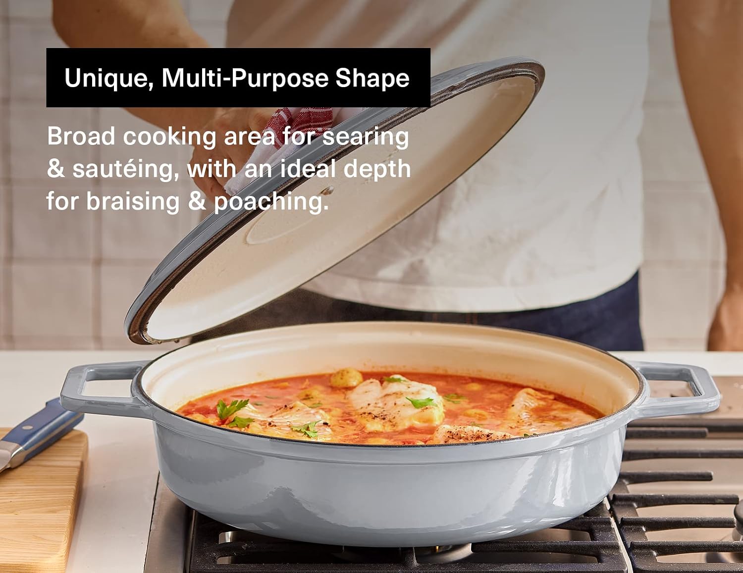 Misen 5.5 QT Braiser – Enameled Cast Iron Pan for Searing, Braising & Slow Cooking – No-Chip Enamel Coating – Extra-Wide Handles – Superior Heat Retention & Even Cooking - Gray