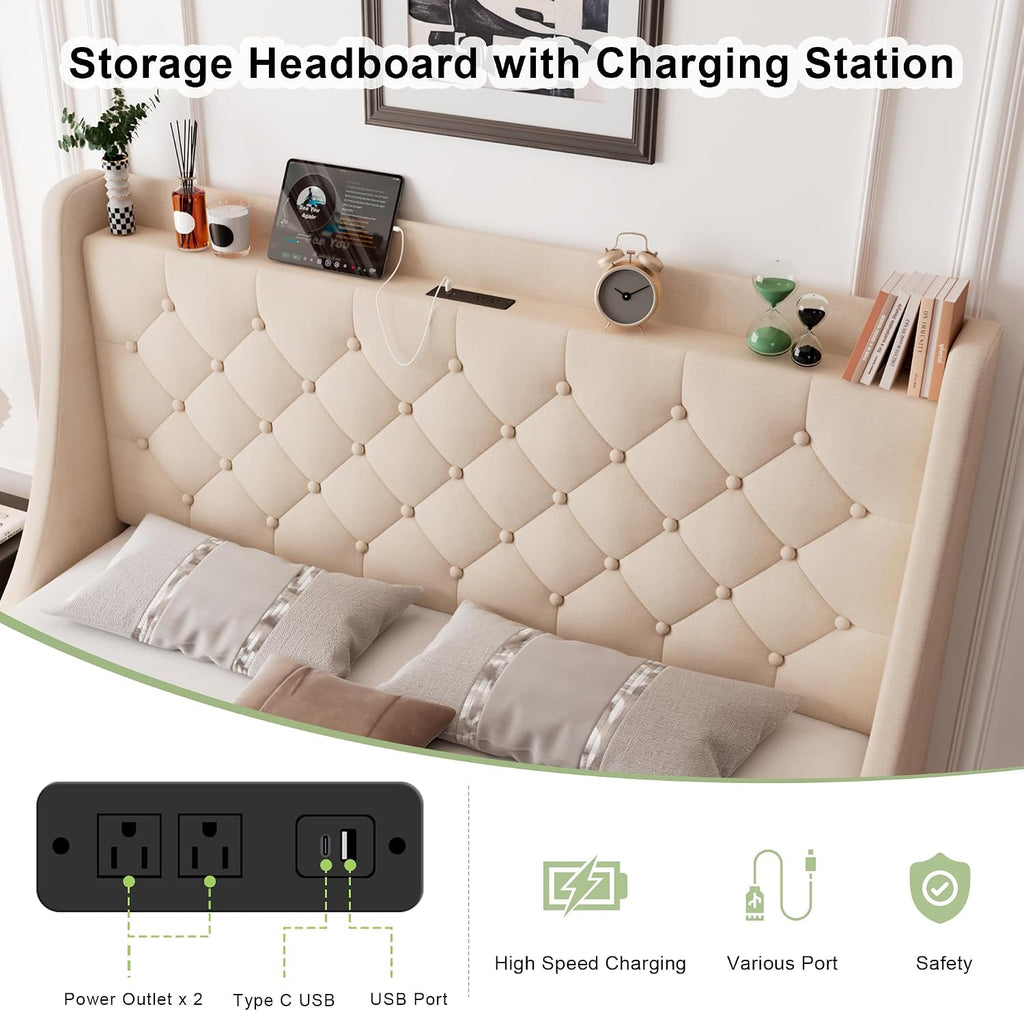 Feonase King Size Bed Frame with 4 Storage Drawers, Upholstered Storage Bed with Charging Station, Tufted Wingback Headboard, No Box Spring Needed, Beige