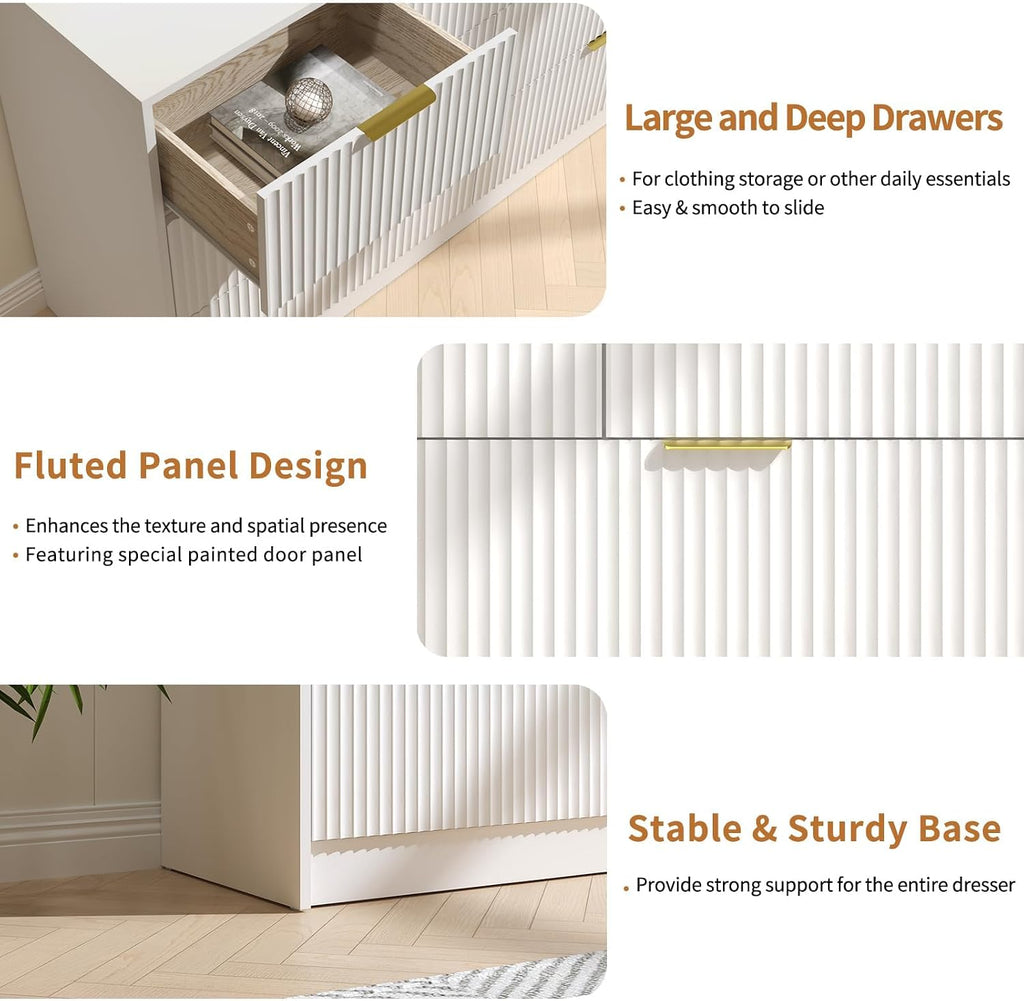 7 Drawer Dresser and Nightstand Sets, 3 Pcs Bedroom Set for Bedroom, Fluted Night Stand Set of 2 & 55' Wide Dresser w/Gold Handles, Modern Wood Chest of Drawers Storage Cabinet Set, White
