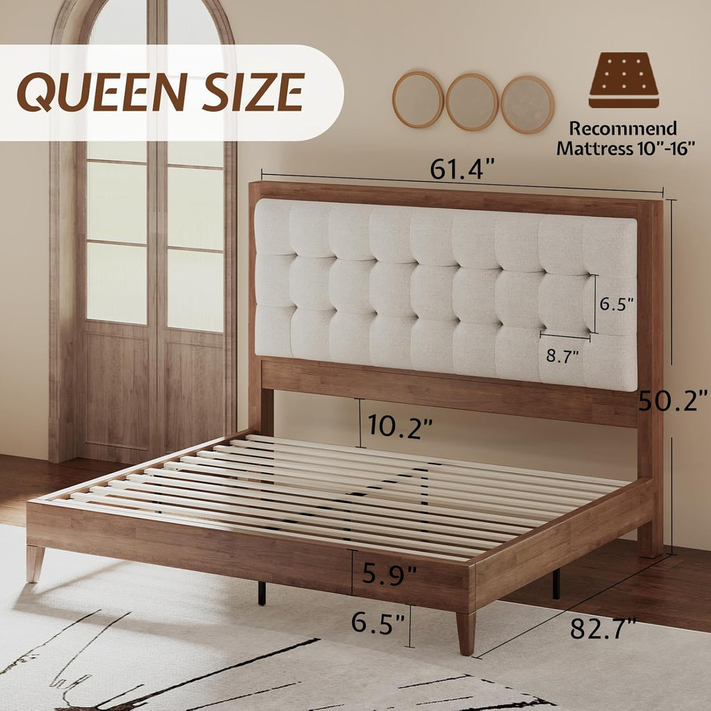 Jocisland Solid Wood Queen Size Bed Frame 50.2' Tall Upholstered Headboard, Mid-Century Style, Stable Platform Support, No Box Spring Needed, Walnut