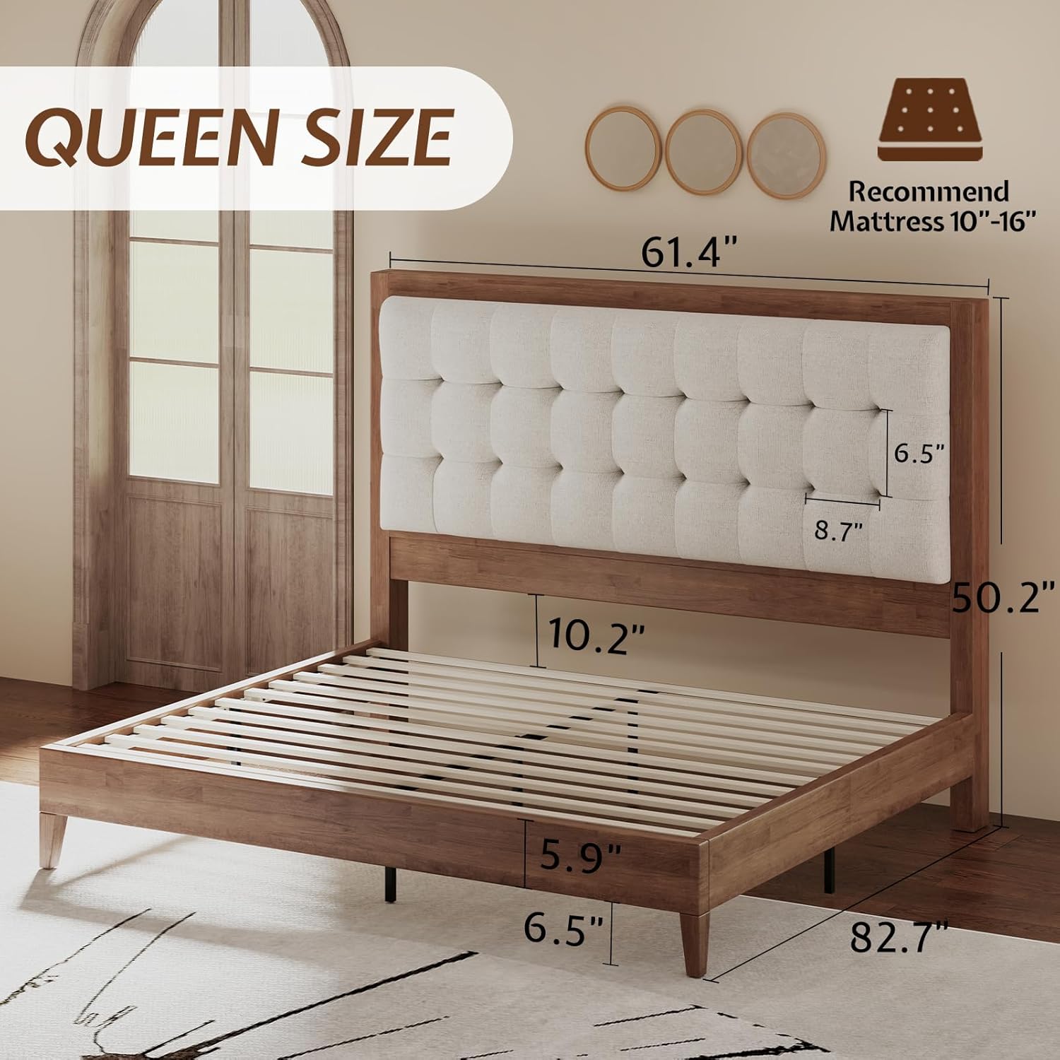 Jocisland Solid Wood Queen Size Bed Frame 50.2' Tall Upholstered Headboard, Mid-Century Style, Stable Platform Support, No Box Spring Needed, Walnut