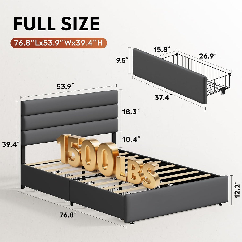 WLIVE Full Size Upholstered Bed Frame with 4 Storage Drawers and Headboard, Velvet Platform Bedframe, Sturdy Metal & Wooden Slats Support, No Box Spring Needed, Easy Assembly, Dark Grey