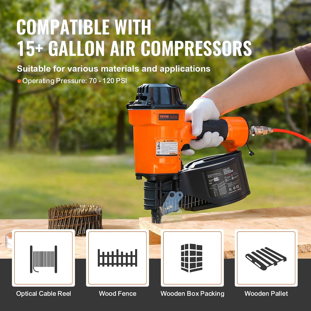 VEVOR Coil Siding Nailer MCN70, 1-3/4' to 2-3/4' 15 Degree Pneumatic Siding Nail Gun, 70-120PSI Air Coil Nailer for Pallet, Crating, Framing, Siding and Fencing