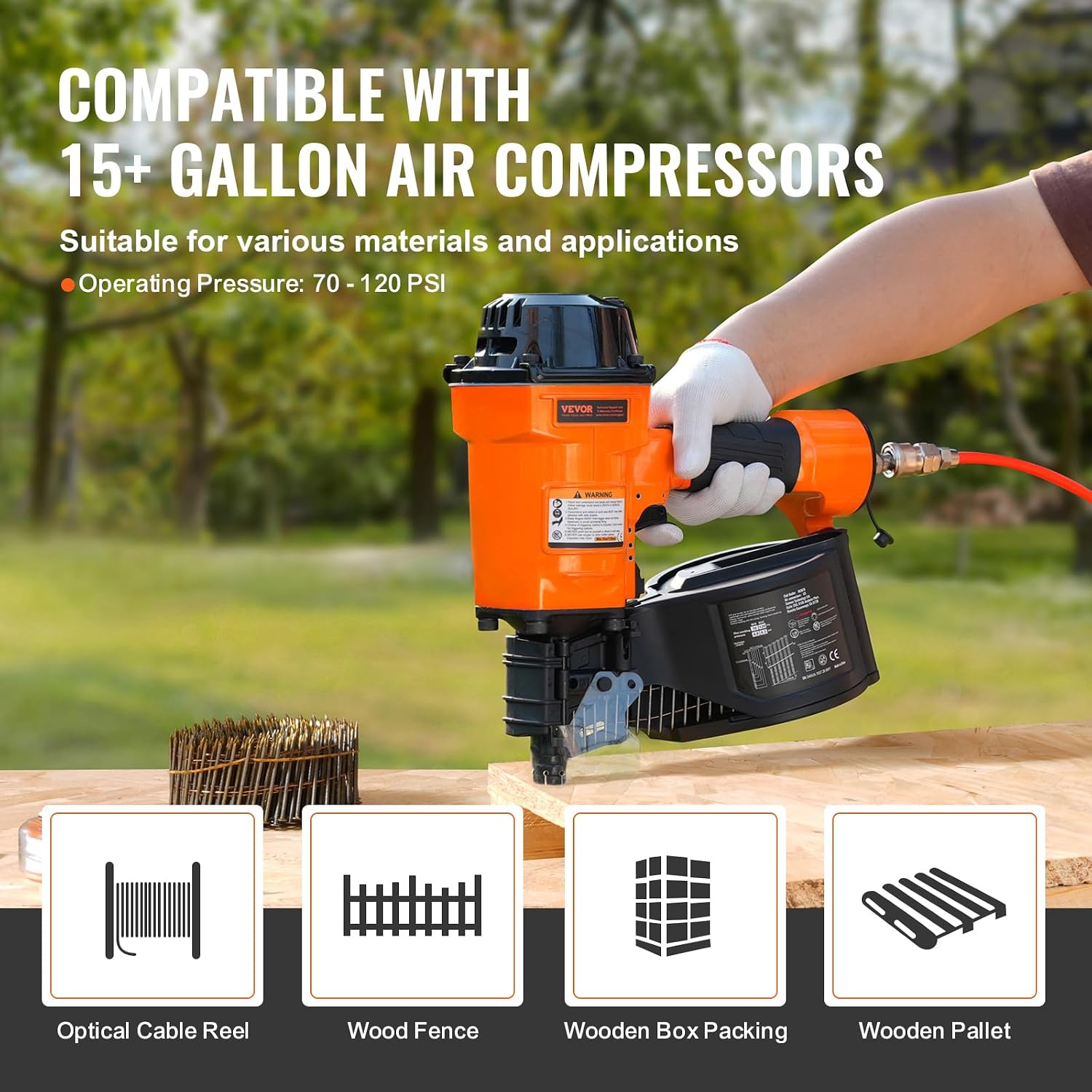 VEVOR Coil Siding Nailer MCN70, 1-3/4' to 2-3/4' 15 Degree Pneumatic Siding Nail Gun, 70-120PSI Air Coil Nailer for Pallet, Crating, Framing, Siding and Fencing