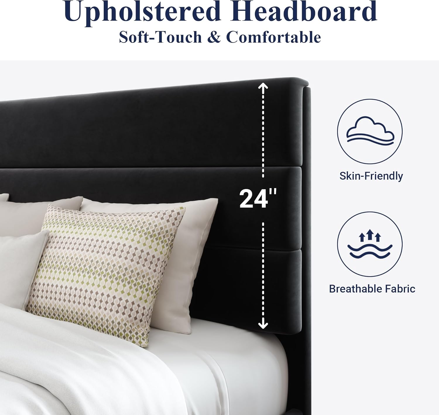 Allewie Full Size Platform Bed Frame with Velvet Upholstered Headboard and Wooden Slats Support, Fully Upholstered Mattress Foundation/No Box Spring Needed/Easy Assembly, Black