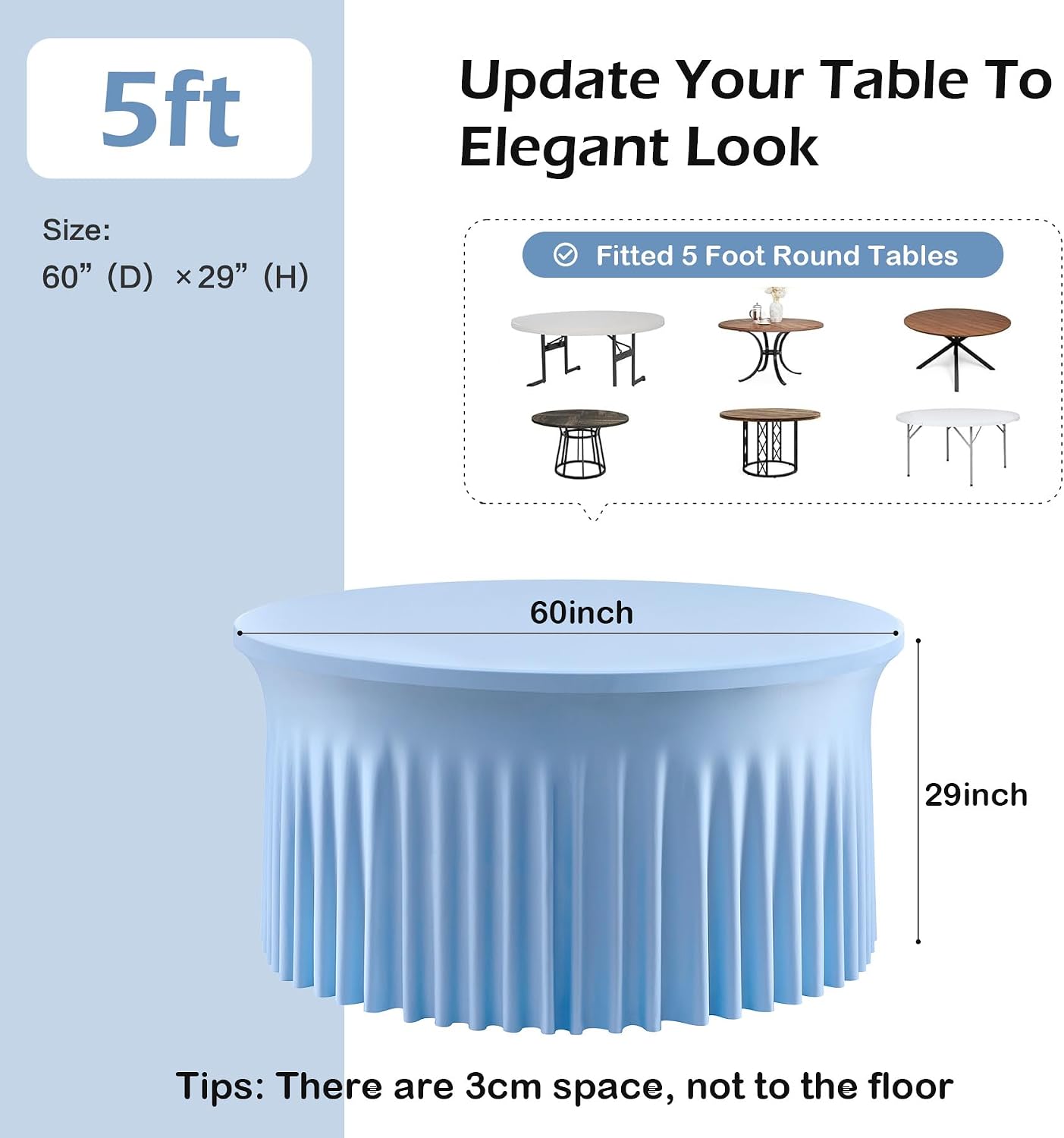 6 pk Blue Round Spandex Tablecloths 60 in with Ruffled Skirt,Wrinkle Free High-Stretch 120 inch Table Cloth Round Fitted 5ft Tables Baby Blue Spandex Table Covers 5ft for Party Wedding Banquet