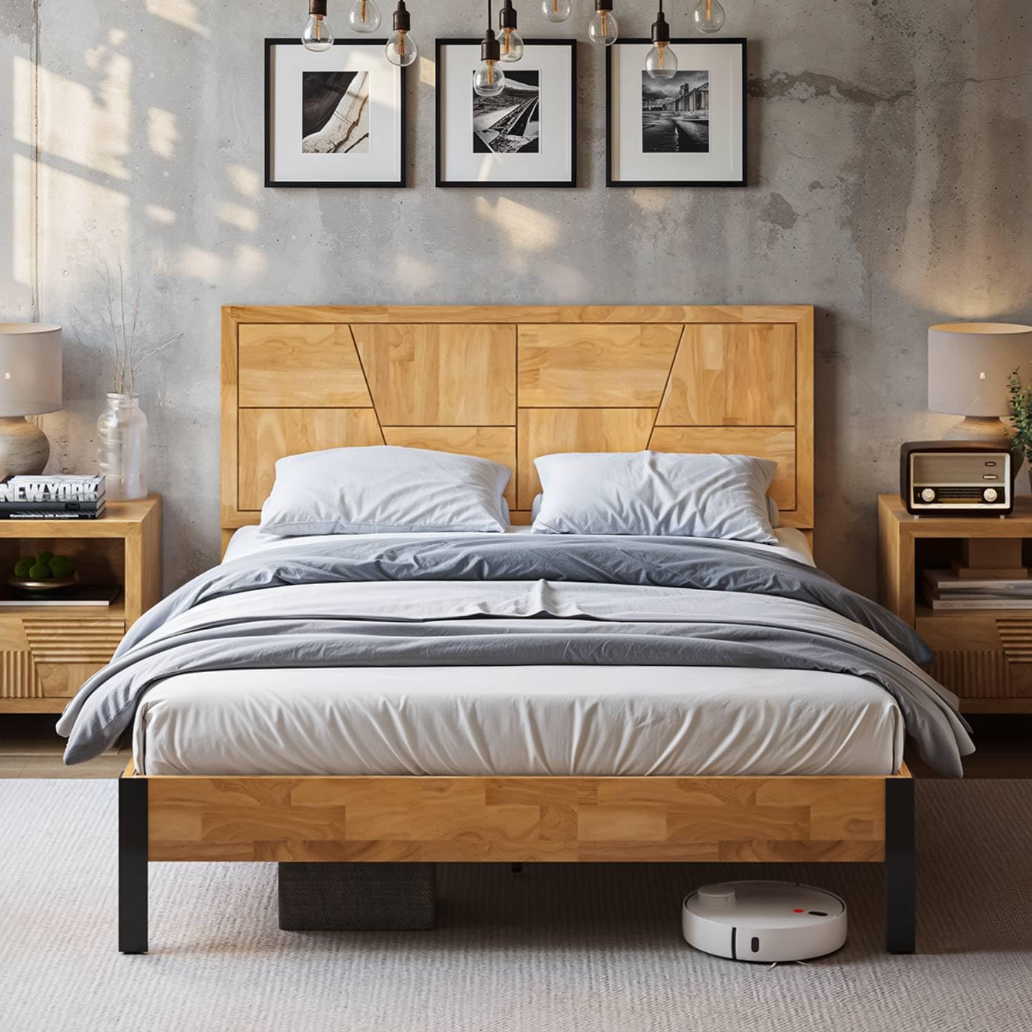 Bme Trapeze Queen Bed Frame – Modern Solid Wood Bed with Smooth Pattern Headboard, Black Metal Legs, Light Natural Finish – Durable Queen Size Platform Bed for Contemporary Bedrooms