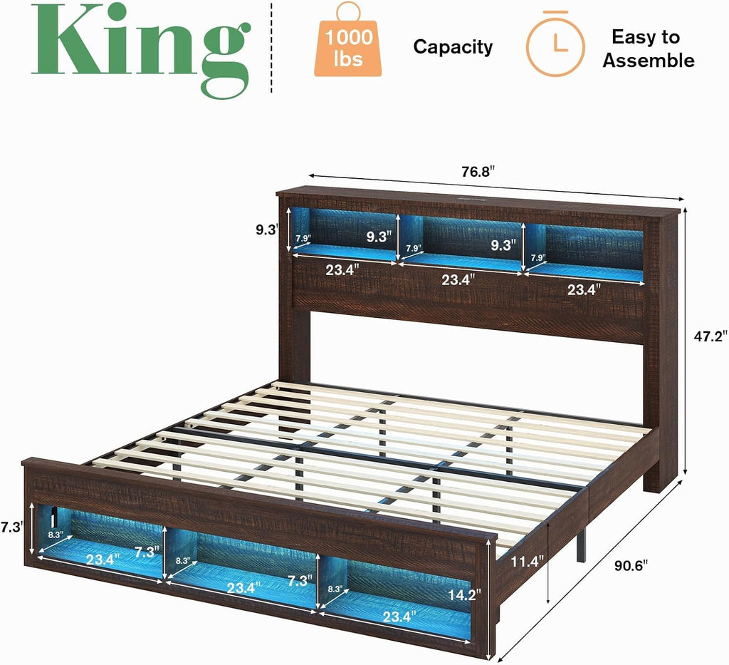 Albott Farmhouse King Size Bed Frame with Storage/Bookcase Headboard & Footboard, Wood Platform Bed with LED Lights/Charging Station, Heavy-Duty Metal Support/No Box Spring Needed/Noise-Free, Brown