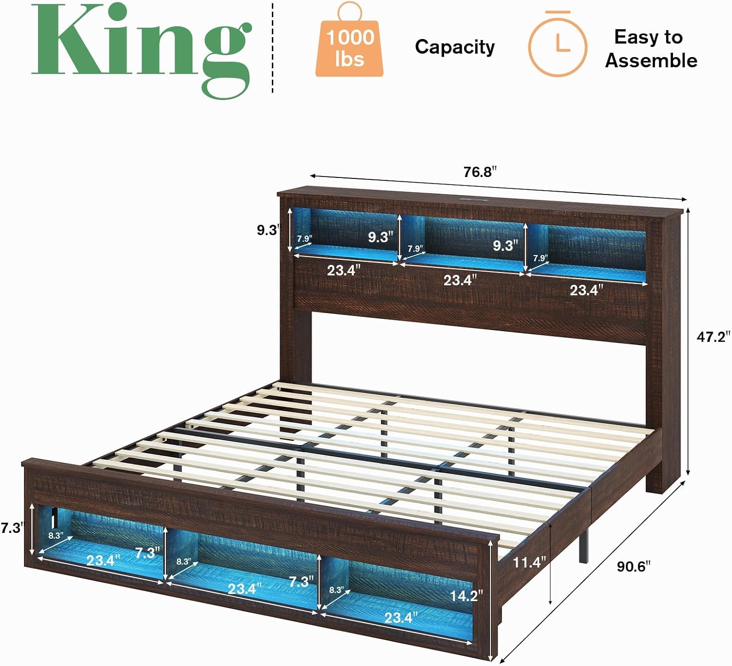 Albott Farmhouse King Size Bed Frame with Storage/Bookcase Headboard & Footboard, Wood Platform Bed with LED Lights/Charging Station, Heavy-Duty Metal Support/No Box Spring Needed/Noise-Free, Brown