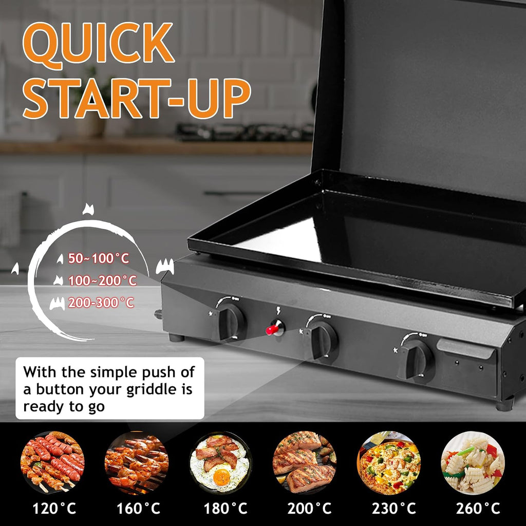 Portable 3-Burner Flat Top Gas Griddle, Cooking Station with Ceramic Coated Cast Iron Pan, 30000 BTU Propane Tabletop Griddle for Outdoor Barbecue, Grilling
