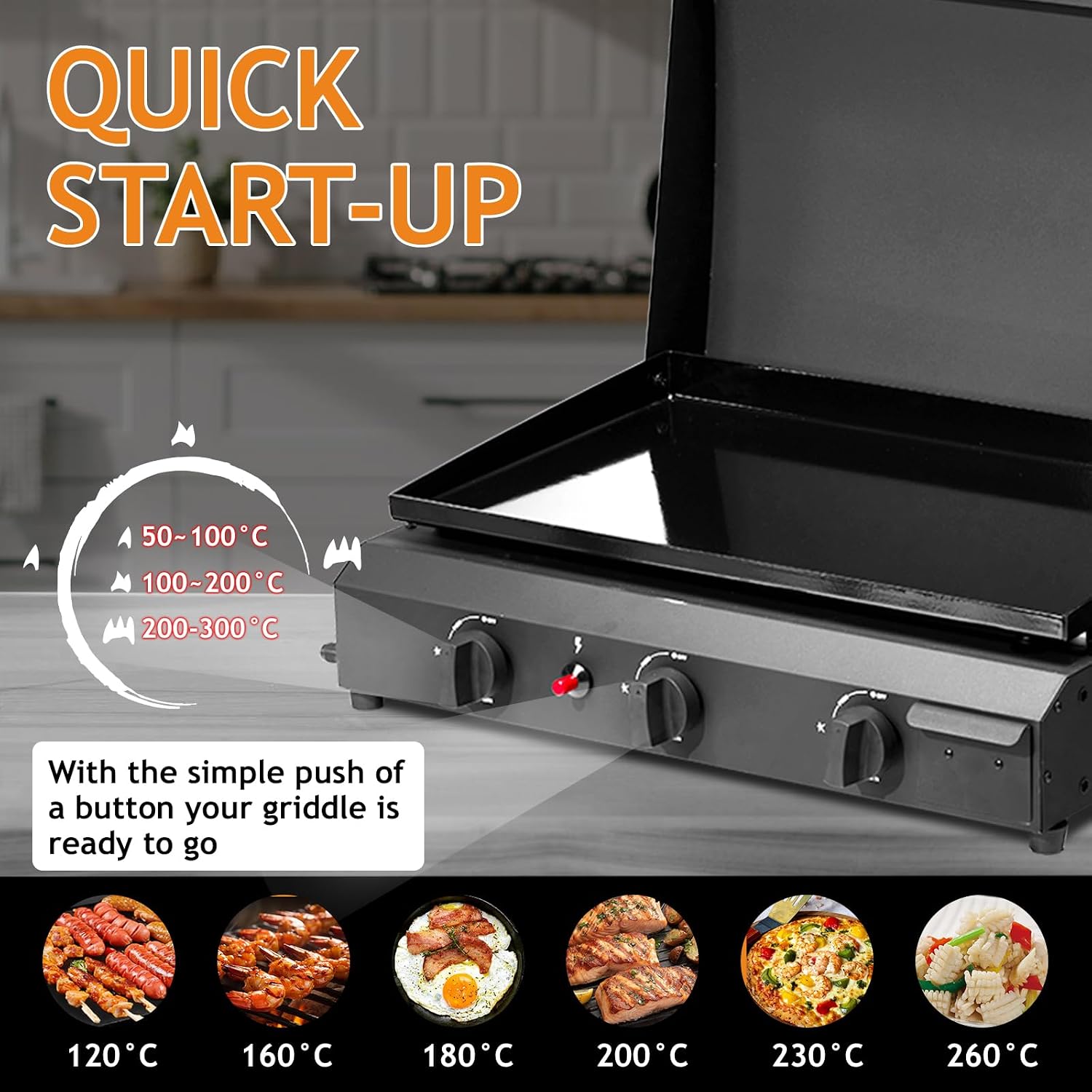 Portable 3-Burner Flat Top Gas Griddle, Cooking Station with Ceramic Coated Cast Iron Pan, 30000 BTU Propane Tabletop Griddle for Outdoor Barbecue, Grilling
