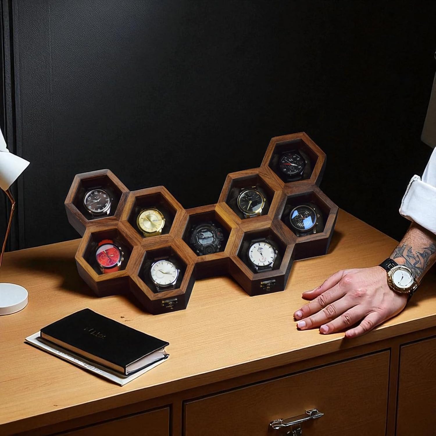 Premium Wooden Timepiece Display Case – Handcrafted Honeycomb Watch Box for Men in Superior Indian Rosewood | Hinged Glass Cover – Father's Day Gift – Luxury Built to Last