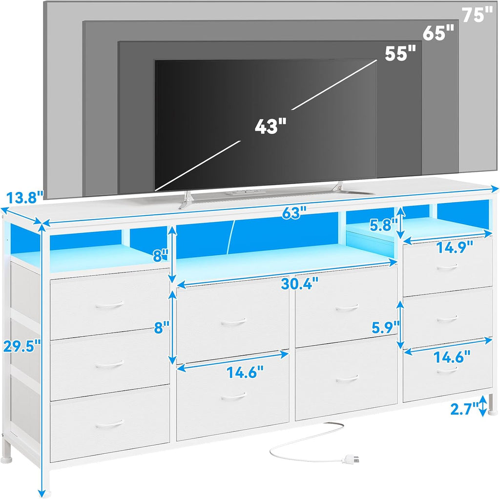 63.3 in Dresser for Bedroom, 10 Drawer Dresser Tv Stand for 65 70 75 in Tv, Fabric Chest of Drawers With Led Lights & Power Outlets, Long Entertainment Center for Closet, Living Room (White PU)