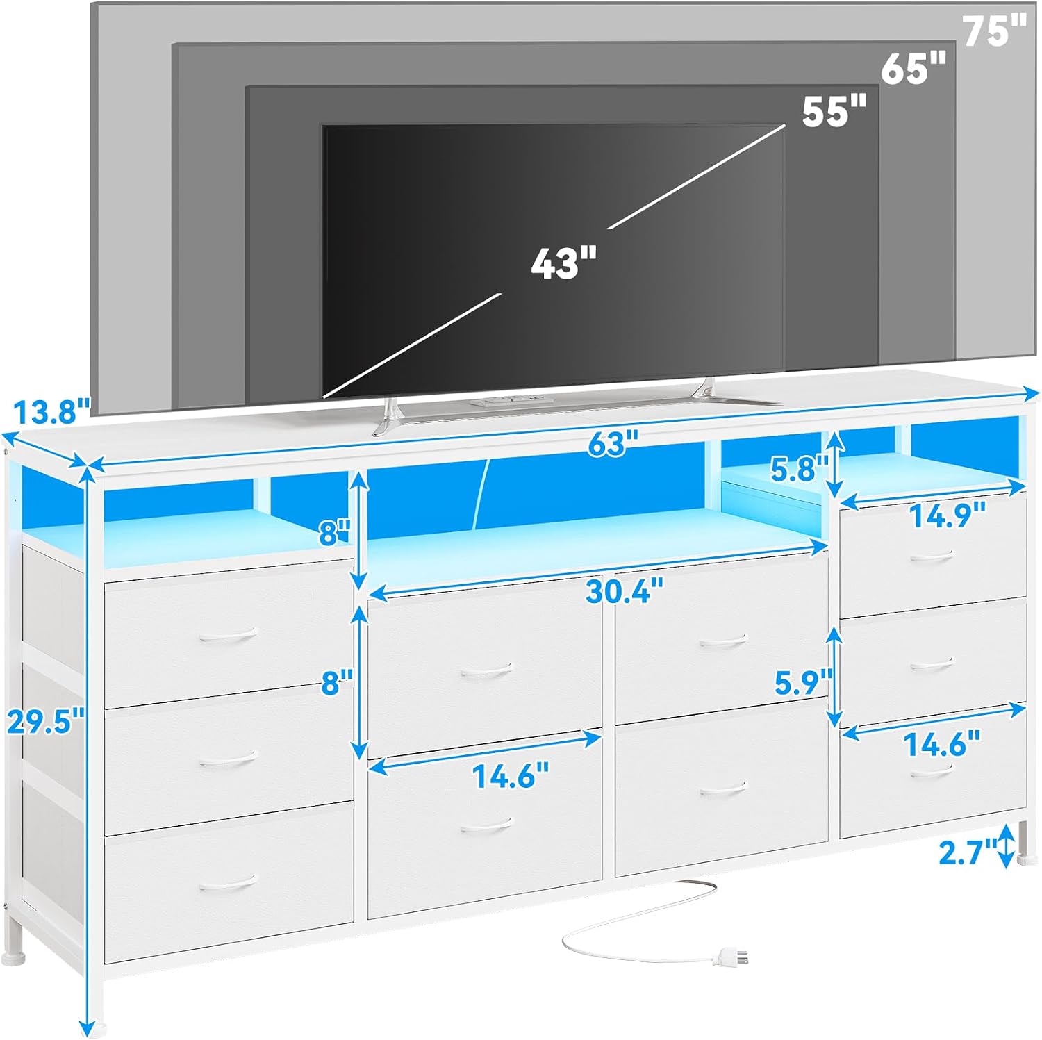 63.3 in Dresser for Bedroom, 10 Drawer Dresser Tv Stand for 65 70 75 in Tv, Fabric Chest of Drawers With Led Lights & Power Outlets, Long Entertainment Center for Closet, Living Room (White PU)