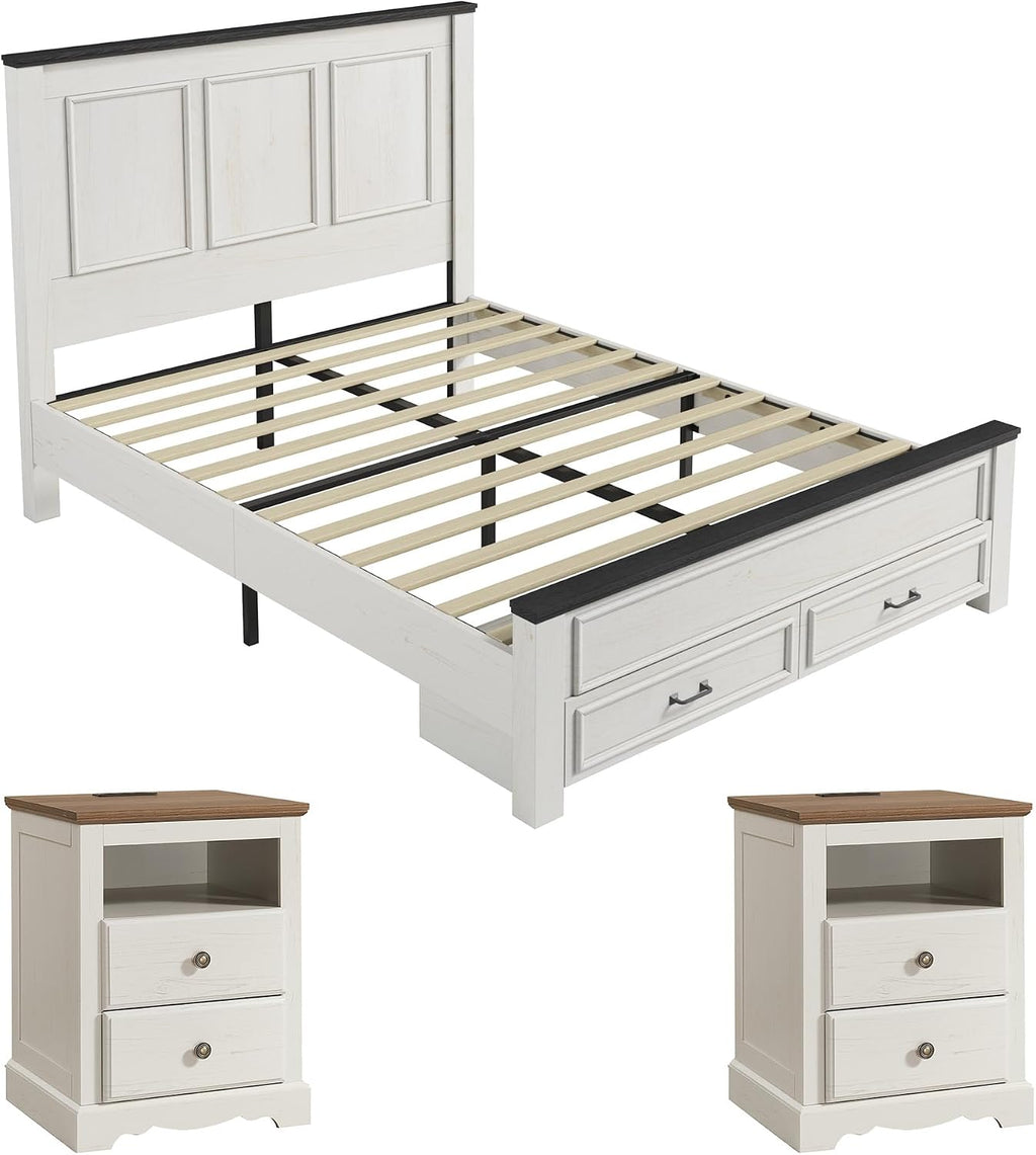 AMERLIFE Farmhouse Bedroom Furniture Set, Includes 2 Nightstands with Charging Station and 1 Queen Size Wood Platform Bed Frame with Headboard, Storage Drawers, No Box Spring Needed, Rustic White