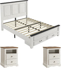 AMERLIFE Farmhouse Bedroom Furniture Set, Includes 2 Nightstands with Charging Station and 1 Full Size Wood Platform Bed Frame with Panel Headboard, Storage Drawers, No Box Spring Needed, Rustic White