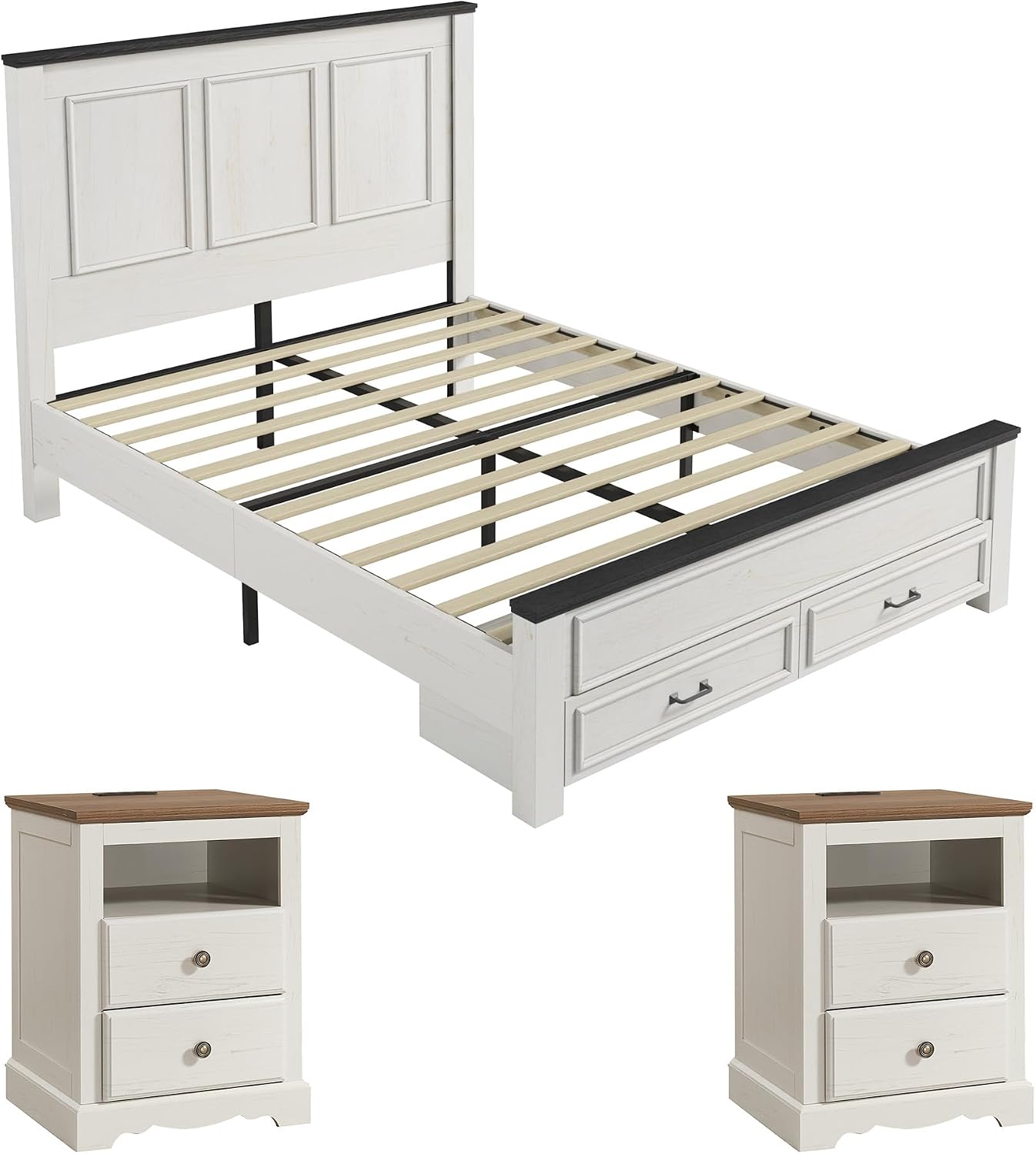 AMERLIFE Farmhouse Bedroom Furniture Set, Includes 2 Nightstands with Charging Station and 1 Full Size Wood Platform Bed Frame with Panel Headboard, Storage Drawers, No Box Spring Needed, Rustic White