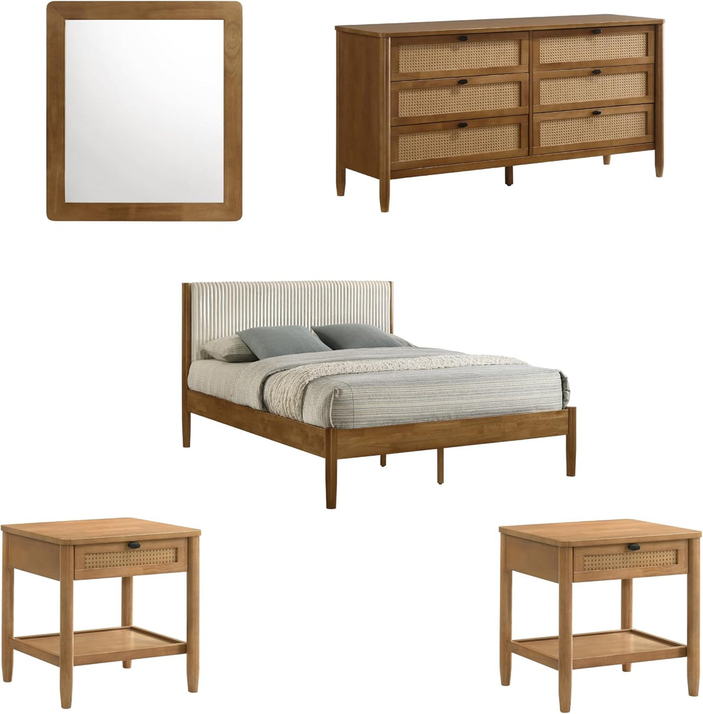 Roundhill Furniture Vichy 5-Piece Rubberwood Bedroom Set with Textured Polyester Upholstered Queen Bed, Chest, Dresser, Mirror, and 2 Nightstands