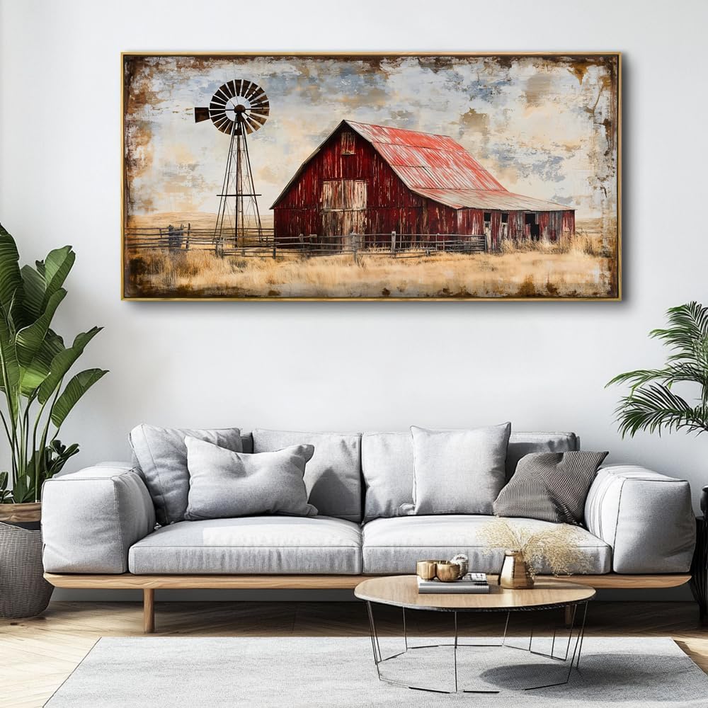 Abstract Farm Landscape Wall Art - Large Framed Canvas Painting for Living Room, Bedroom, Modern Artwork Decor - 60x30 Inch Ready-to-Hang