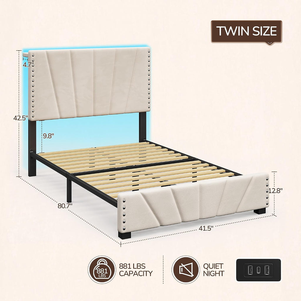 EnHomee Twin Platform Bed Frame with Velvet Upholstered Adjustable Headboard, LED Lights, and Charging Station for Bedroom, Apartment, and Dorm, No Box Spring Needed, Noise-Free, Easy Assembly, Beige