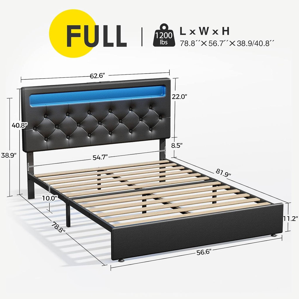Rolanstar Full Size Bed Frame with Charging Station, LED Bed with Under Bed Storage, Adjustable Headboard 38.9/40.8 Inches, No Box Spring Needed, Noise Free, Easy Assembly, Black