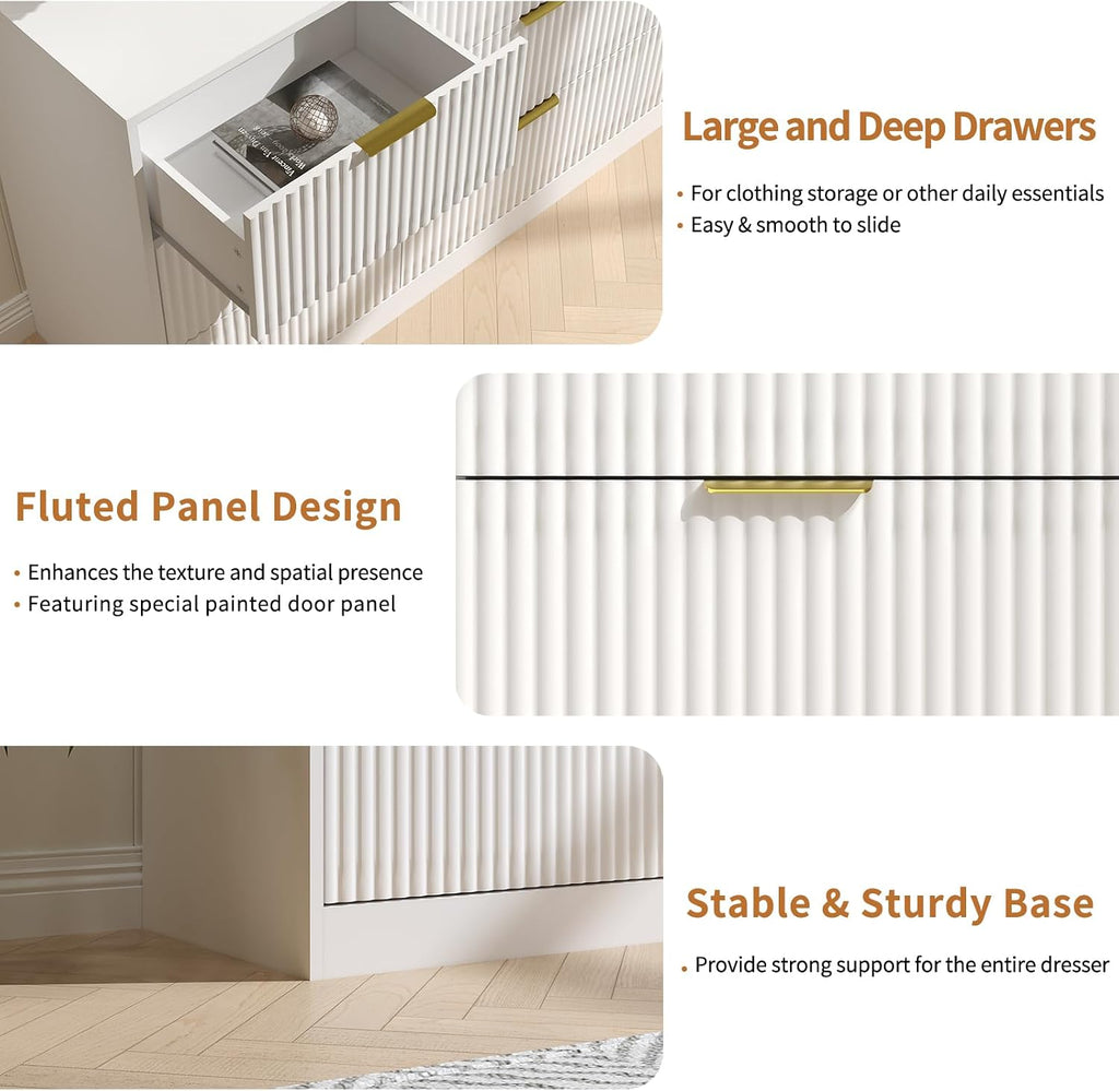 White Dresser Set of 2, Long Dresser for Bedroom Wooden with 18 Drawers, Fluted Modern Bedroom Furniture Set, TV Stand Dressers & Chests of Drawers for Closet (15.7'D x 125.8'W x 31.8'H)