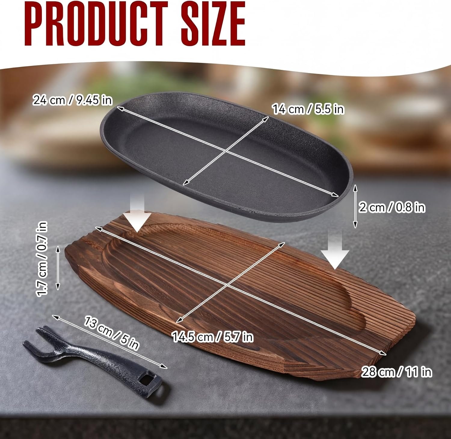 Mifoci 12 Pcs Oval Cast Iron Fajita Skillet Pan Set Small Sizzling Steak Plate with Wooden Base and Handle Cast Iron Fajita Skillet Sizzling Plate for Home Resturant (9.5 in x 5.5 in, Natural Wood)