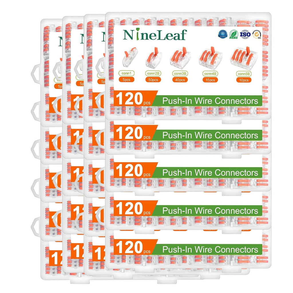 NineLeaf 120 Pcs Lever Wire Connectors Kit, 1/2/3/4/5 Port Combination, Push-in Electrical Wire Nuts AWG 28–12, Reusable Transparent Quick Connectors with Voltage Test Hole,20 Set