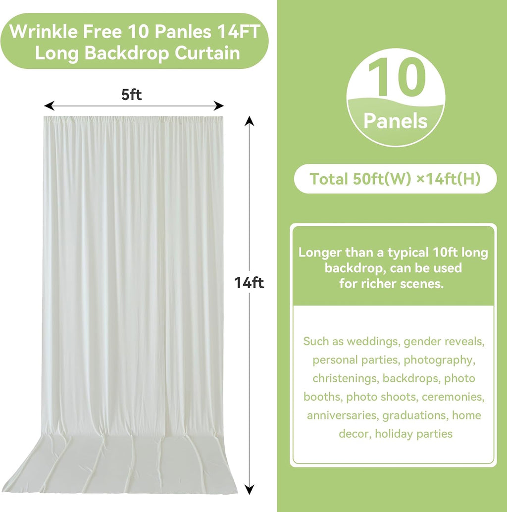 50ftx14FT Wrinkle Free Ivory Backdrop Curtain, 10 Panels 14FT Height Ivory Wedding Backdrop Drapes, Silky Polyester Back Drop Cloth for Birthday Photography Background Party Backdrop Draping
