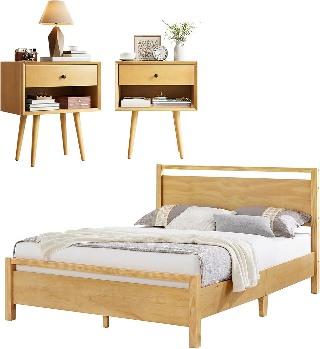 AMERLIFE 3 Pieces Solid Wood Bedroom Set, Full Platform Bed Frame with Headboard and Fully Assembled Nightstand Set of 2 with Storage Drawer, Modern Bedroom Furniture Set, Natural