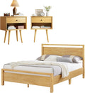 AMERLIFE 3 Pieces Solid Wood Bedroom Set, Full Platform Bed Frame with Headboard and Fully Assembled Nightstand Set of 2 with Storage Drawer, Modern Bedroom Furniture Set, Natural