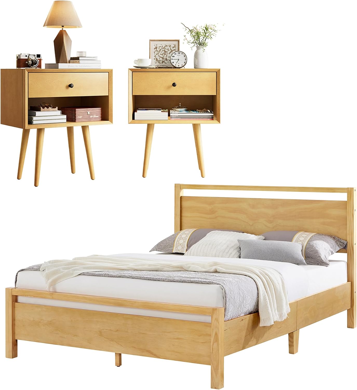 AMERLIFE 3 Pieces Solid Wood Bedroom Set, Full Platform Bed Frame with Headboard and Fully Assembled Nightstand Set of 2 with Storage Drawer, Modern Bedroom Furniture Set, Natural