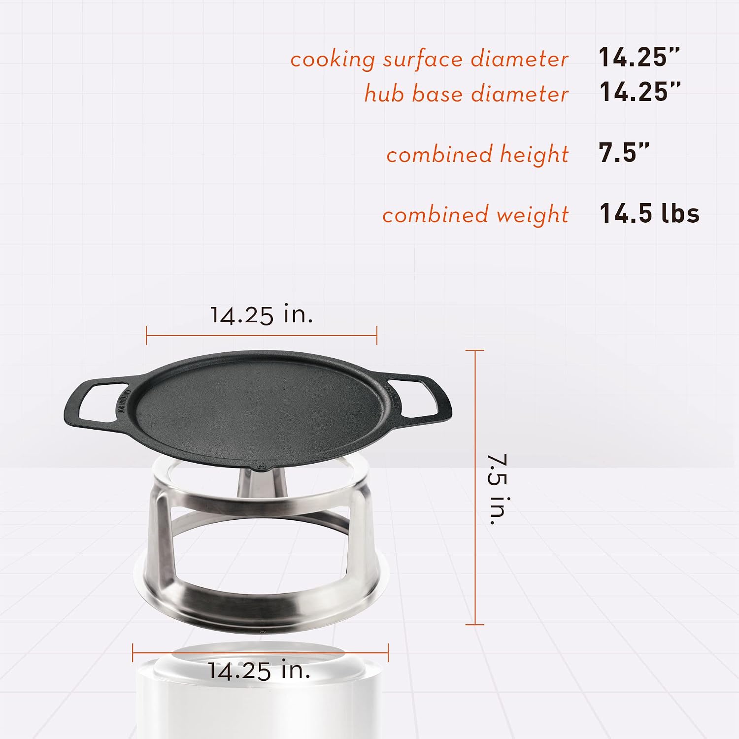 Solo Stove Ranger Griddle + Hub, Cast Iron Cookware with Stainless steel Hub for 6.5' Elevation, Addition to Ranger fire pit, Weight: 14.5lbs, Cooking surface diameter 14.25'