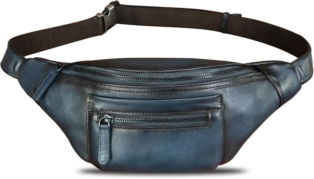 Genuine Leather Fanny Pack for Men and Women Vintage Handmade Leather Waist Bag Sling Backpack Hip Purse Crossbody Bag (Blue)