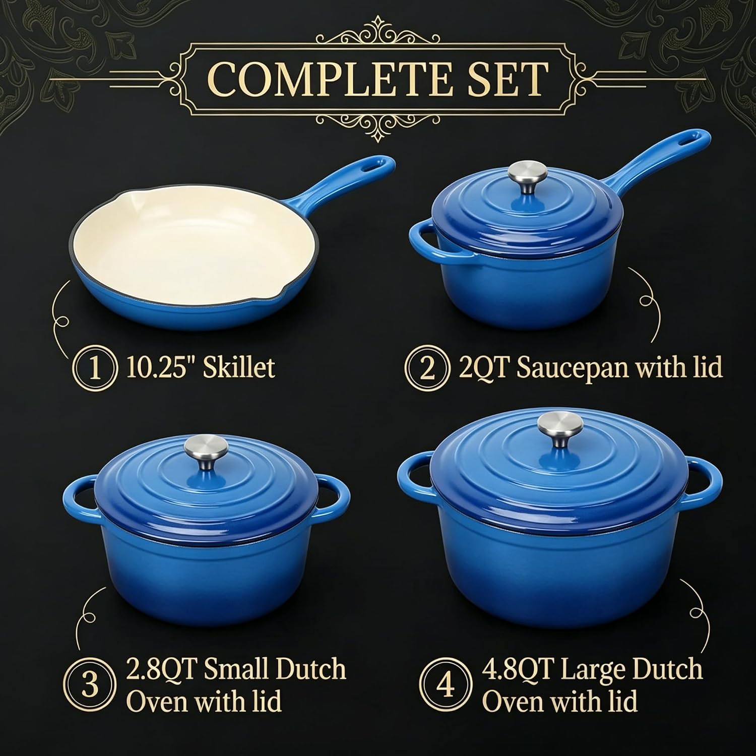 QuliMetal Enameled Cast Iron Cookware Set, 4-Piece Pots and Pans Set with Lids, 10.25' Skillet, 2QT Saucepan, 2.8QT & 4.8QT Dutch Ovens, Oven Safe to 500°F, All Stovetops Compatible - Cobalt Blue