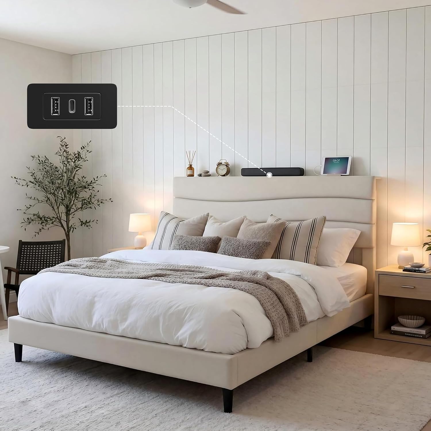 EnHomee Twin Size Bed Frame with Adjustable Height Upholstered Headboard, 3 USB Charging Ports, Noise-Free Platform Bed, No Box Spring Needed, Beige